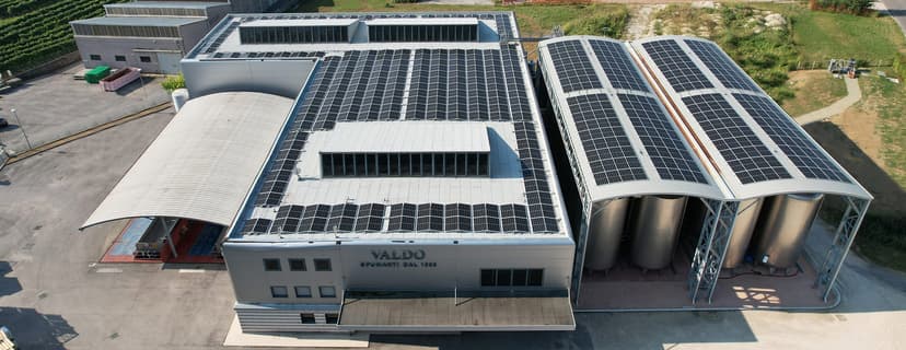 Solar panels at Valdo winery for eco-friendly Prosecco production